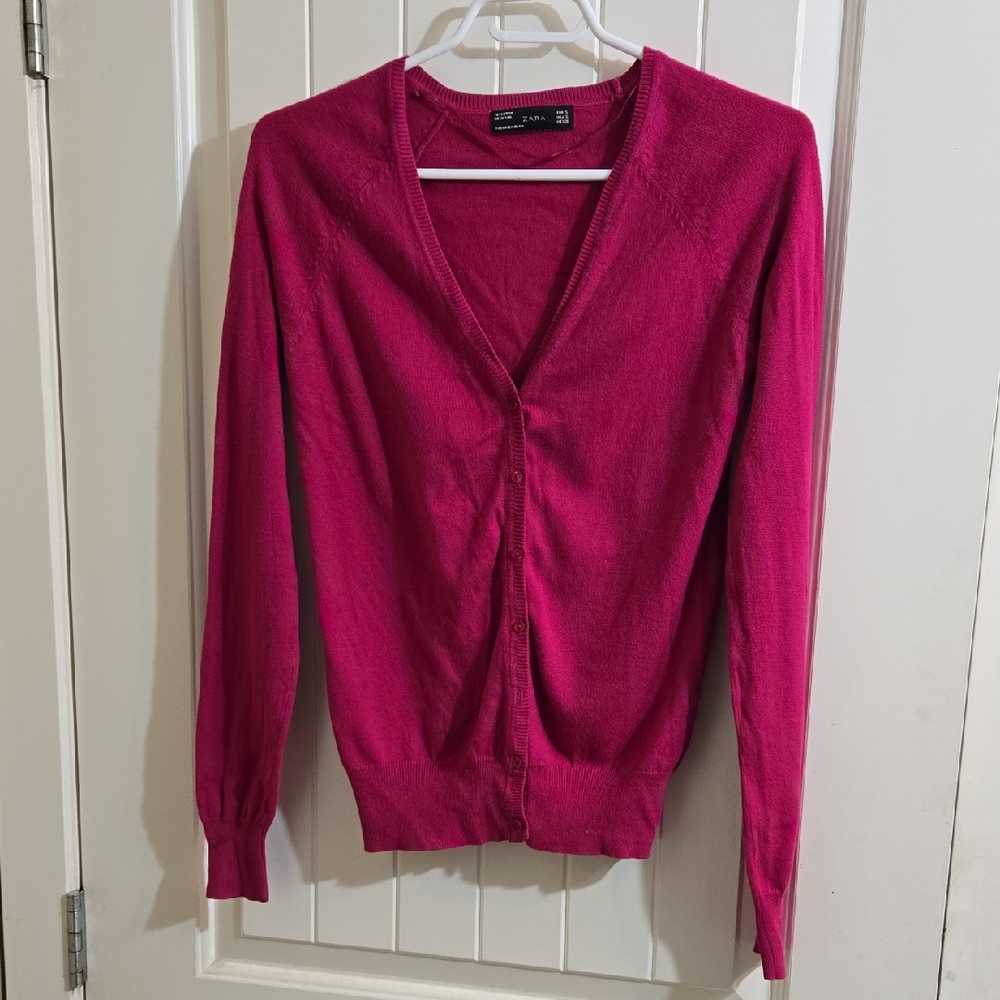 Zara Women's Dark Pink Cotton Cardigan Sweater